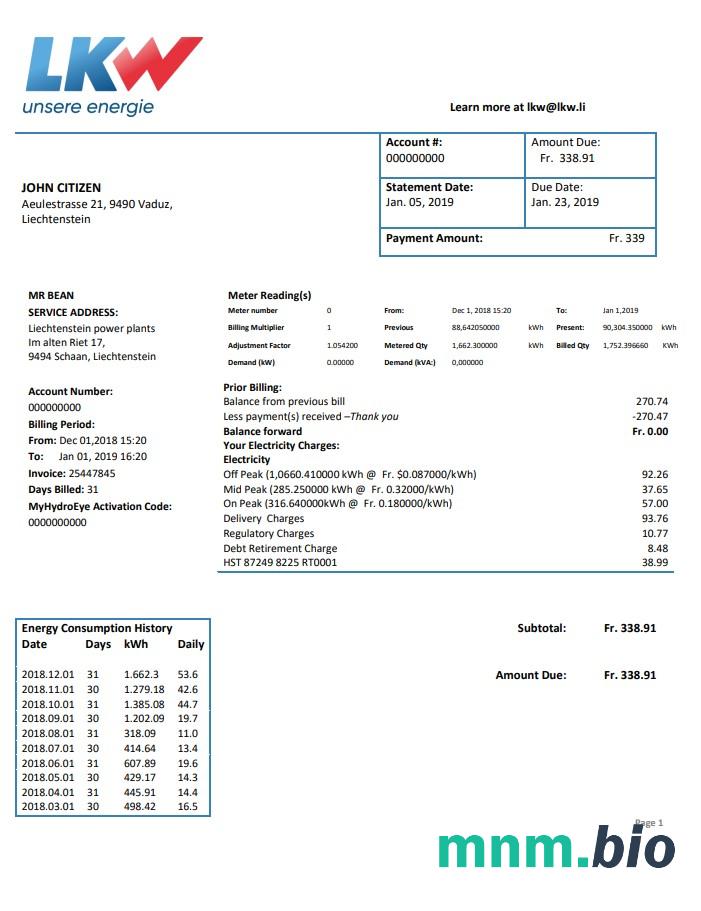 Liechtenstein Ische Kraftwerke (LKW) szablon rachunku za energię elektryczną w formacie Word i PDF